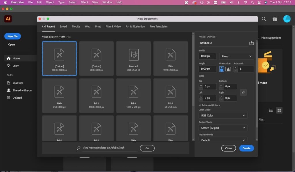 Adobe Illustrator new document creation window.
