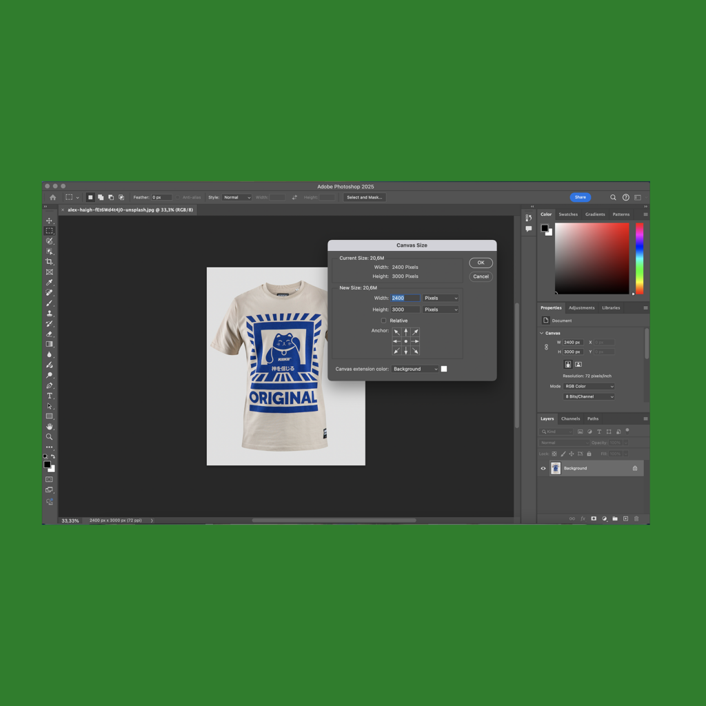 A screenshot of Adobe Photoshop’s interface with the image size editing tab open.