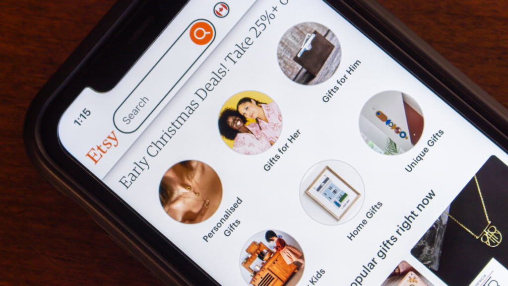 A mobile phone screen with Etsy’s app open.