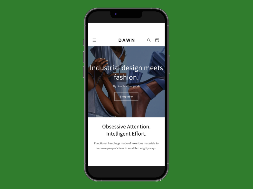 A screenshot mockup of Shopify’s Dawn theme hero section on a mobile device.
