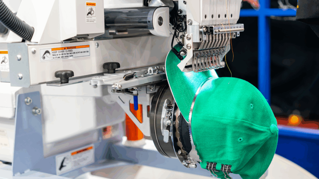 A green cap is being embroidered.