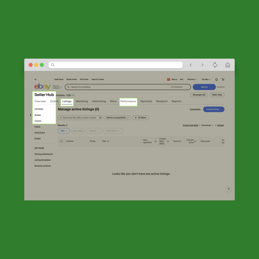 A screenshot mockup showing various eBay Seller Hub features.